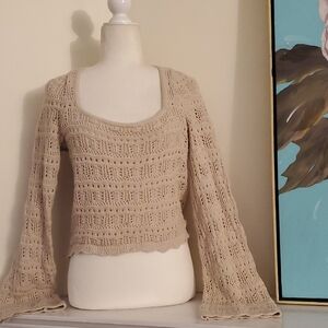 Vintage Hollister Cream Crochet Knit Crop Sweater Top Size L